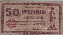 50 PFENNIG 1921 Stadt COLOGNE Rhine DEUTSCHLAND Notgeld Papiergeld Banknote #PK998 - [11] Local Banknote Issues