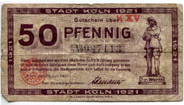 50 PFENNIG 1921 Stadt COLOGNE Rhine DEUTSCHLAND Notgeld Papiergeld Banknote #PL837 - [11] Local Banknote Issues
