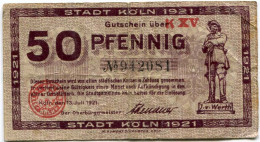 50 PFENNIG 1921 Stadt COLOGNE Rhine DEUTSCHLAND Notgeld Papiergeld Banknote #PL821 - [11] Lokale Uitgaven