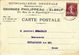 ELBEUF : INTROUVABLE CARTE COMMERCIALE " QUINCAILLERIE G. PHILIPPEAU " 27 RUE DE LA REPUBLIQUE.1926 .PETIT PLI BAS DROIT - Elbeuf