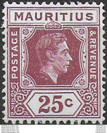 1941 Mauritius Giorgio VI 25c. Variety MNH SG N. 259bb - Other & Unclassified