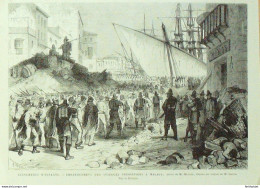 Espagne Malaga Les Quais D'embarquement 1876 - Prenten & Gravure