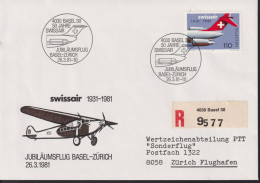 1981 Schweiz, R-Brief, Jubiläumsflug Basel-Zürich, Zum:CH 653, Mi:CH 1195, Swissair - First Flight Covers