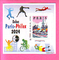 BLOC DENTELE CNEP N°96 SALON PARIS-PHILEX 2024 - TOUR EIFFEL SPORTIFS TP ADHESIF LETTRE VERTE - - CNEP