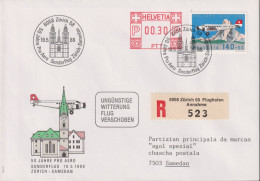 PRO AERO 1988"R". Mi: 1369°+ ATM 00,30. Stempel: 8058 Zürich 58, 19.5.88. 50 Jahre Pro Aero  Sonderflug Zürich-Samedan - First Flight Covers