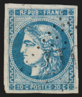 N°46A, Cérès Bordeaux, 20c Bleu, Type III Report 1, Oblitération Légère - TB - 1870 Ausgabe Bordeaux