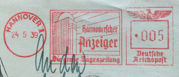 GERMANIA - GIORNALI GIORNALISMO  - TARGHETTA ROSSA HANNOVER 24/5/39  - ANZEIGER  - 0,05  Per ANCONA - Lettres & Documents