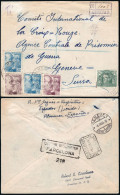 Lérida - Edi O 923(2)+924(2)+965 - Carta Certificada Mat "Almenar 6/2/44" A Suiza - Al Dorso Varias Marcas - Briefe U. Dokumente