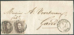 N°10A(2) - Médaillons 10 Centimes Bruns Clairs, Paire Margée Et Bdf Sup., Obl. P.29 à 8 Barres Sur Lettre De COURTRAY 7 - 1858-1862 Medaillen (9/12)