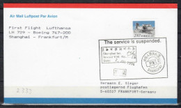1996 Shanghai - Frankfurt   Lufthansa First Flight, Erstflug, Premier Vol ( 1 Envelope ) - Sonstige (Luft)