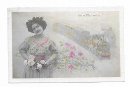 CPA Circulée En 1910 - Une Pensée - Portrait De Femme Et Roses - A L'arrière Plan Illustration D'un Train à Vapeur - - Women