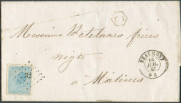 N°18- 20 Centimes Bleu Obl. LP.32 Sur Enveloppe De BEAUMONT 16 JUIL. 67 + Boîte CI Vers Malines.. - TB - 22263 - 1865-1866 Profile Left