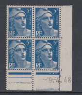 France N° 719B XX  Marianne Gandon 6 F. Bleu En Bloc De 4 Coin Daté Du 9 . 4 . 48 .  3 Points Blancs Sans Cha., TB - 1940-1949