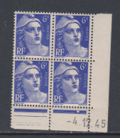 France N° 720 XX  Marianne Gandon 6 F. Bleu-violet En Bloc De 4 Coin Daté Du 4 . 12 . 48 .  1 Point Blanc Sans Cha., TB - 1940-1949