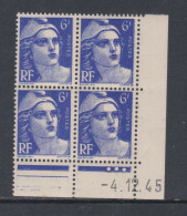 France N° 720 XX  Marianne Gandon 6 F. Bleu-violet En Bloc De 4 Coin Daté Du 4 . 12 . 48 . 3 Points Blancs Sans Cha., TB - 1940-1949