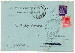 STORIA POSTALE R.S.I. Cartolina  Tambre D'Alpago 17.9.1945 1 LIRA + 20 C.MONUMENTI DISTRUTTI - Marcophilia