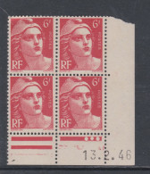 France N° 721 XX  Marianne Gandon 6 F. Rouge En Bloc De 4 Coin Daté Du 13 . 2 . 46, 3 Points Blancs Sans Cha., TB - 1940-1949