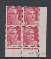 France N° 721 A XX  Marianne Gandon 6 F. Rose Carminé En Bloc De 4 Coin Daté Du 3 . 8 . 48, 3 Points Blancs Ss Cha., TB - 1940-1949