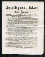 "INTELLIGENZ-BLATT DER STADT ERLANGEN" 1845, Nro. 4, 4 Seiten, Sehr Gute Erhaltung (R2130) - Historische Dokumente