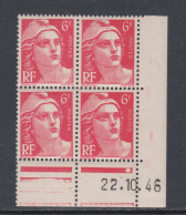 France N° 721 XX  Marianne Gandon 6 F. Rouge En Bloc De 4 Coin Daté Du 22 . 10 . 46 , 1 Point Blanc Ss Cha., TB - 1940-1949