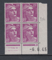 France N° 724 XX  Marianne Gandon 15 F. Lilas-rose En Bloc De 4 Coin Daté Du  6 . 6 . 45 , 1 Point Blanc Sans Cha., TB - 1940-1949
