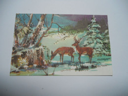 THEMES DIVERS CARTE COULEUR DOUBLE  AVEC PAILLETTES DOREE N°2620 549/10 UN CERF ET UNE BICHE  SAPIN NEIGE ARBRE //////// - New Year