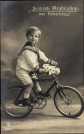 CPA Glückwunsch Zum Geburtstag, Junge In Matrosenanzug Auf Einem Fahrrad - Other & Unclassified