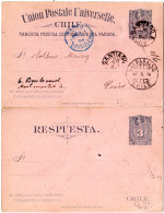 Chile 1894, 3 C. Doppelkarte Ganzsache V. Santiago N. Frankreich. - Chile