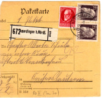 Bayern 1915, 10+Paar 25 Pf. Auf Paketkarte V. AMERDINGEN B. Nördlingen - Cartas & Documentos