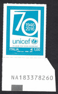 Italia 2016; UNICEF, Nel 70° Anniversario Della Istituzione, € 1,00 , Francobollo Con Alfanumerico. - 2011-20: Nieuw/plakker
