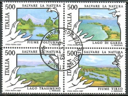 Italien 1987, MiNr. 2005 - 2008 Viererblock; Naturschutz: Flüsse Und Seen; Gestempelt; Alb. 05 - 1981-90: Usati