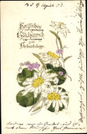 Lithographie Glückwunsch Geburtstag, Weiße Und Lila Blüten - Geburtstag