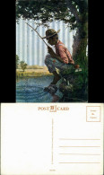  Junger Mann Beim Fischen, Angeln, Angler, Künstlerkarte 1950 Silber-Effekt - Paintings