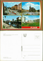 Pilsen Plzeň Třída 1. Máje, Náměstí Republiky, Nábřeží Radbuzy,Straßenbahn 1980 - Tchéquie