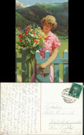 Ansichtskarte  Künstlerkarte Frau Mit Blumen Im Hintergrund Berge 1928 - People