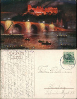 Heidelberg Gemälde F. Huth Neckar Schloss Brücke Bei Nacht-Beleuchtung 1911 - Heidelberg