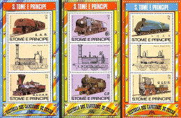 Sao Tome/Principe 1982 Locomotives 3 S/s, Mint NH, Transport - Railways - Trains