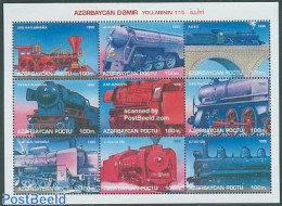 Azerbaijan 1996 Railways 9v M/s, Mint NH, Transport - Railways - Art - Bridges And Tunnels - Trains