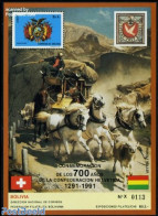 Bolivia 1990 700 Years Switzerland S/s, Mint NH, Nature - Transport - Horses - Stamps On Stamps - Coaches - Briefmarken Auf Briefmarken