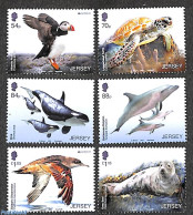 Jersey 2021 Endangered Animals 6v, Mint NH, Nature - Birds - Sea Mammals - Turtles - Puffins - Jersey