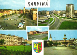 KARVINA, MULTIPLE VIEWS, ARCHITECTURE, CARS, TOWER, HOTEL, EMBLEM, FOUNTAIN, CZECH REPUBLIC, POSTCARD - Czech Republic