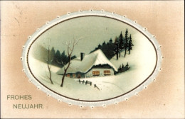 Passepartout CPA Glückwunsch Neujahr, Winterlandschaft, Schneebedecktes Haus - Neujahr