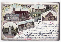 39009931 - Lithographie Zerbst Mit Markt, Rathaus, Schloss, Kirche, Krieger - Denkmal Und Bauschule. Karte Beschrieben  - Zerbst