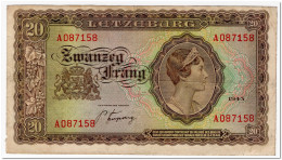 LUXEMBOURG,20 FRANCS,1943,P.42,aVF,MICRO TEAR - Luxemburg