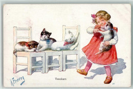 39193931 - Maedchen Spielt Mit Katzen Sign. Feiertag, Karl Verlag B.K.W. I Brueder Kohn 191-2 - Cats