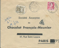 FRANCE LETTRE 15F TAXEE 20F CHOCOLAT MEUNIER VANNES ( MORBIHAN ) POUR PARIS DE 1955 LETTRE COVER - 1859-1959 Brieven & Documenten