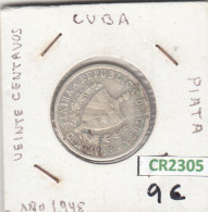 CR2305 MONEDA CUBA 20 CENTAVOS 1948 PLATA MBC - Autres - Amérique