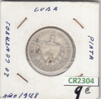 CR2304 MONEDA CUBA 20 CENTAVOS 1948 PLATA MBC - Andere - Amerika