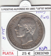 CRE3749 MONEDA ESPAÑA 5 PESETAS ALFONSO XII 1885 *18*87 MSM PLATA MBC - Andere & Zonder Classificatie