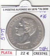 CRE3741 MONEDA ESPAÑA 5 PESETAS ALFONSO XII 1876 *76 DEM PLATA MBC - Autres & Non Classés